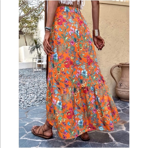 Boho Orange Floral Print Maxi Skirt - Picture 5 of 9
